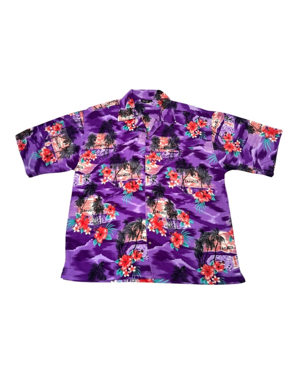REVUE PURPLE JAMAICA TROPICAL SUNSET PALM TREE & FLORAL PRINT HAWAIIAN SHIRT